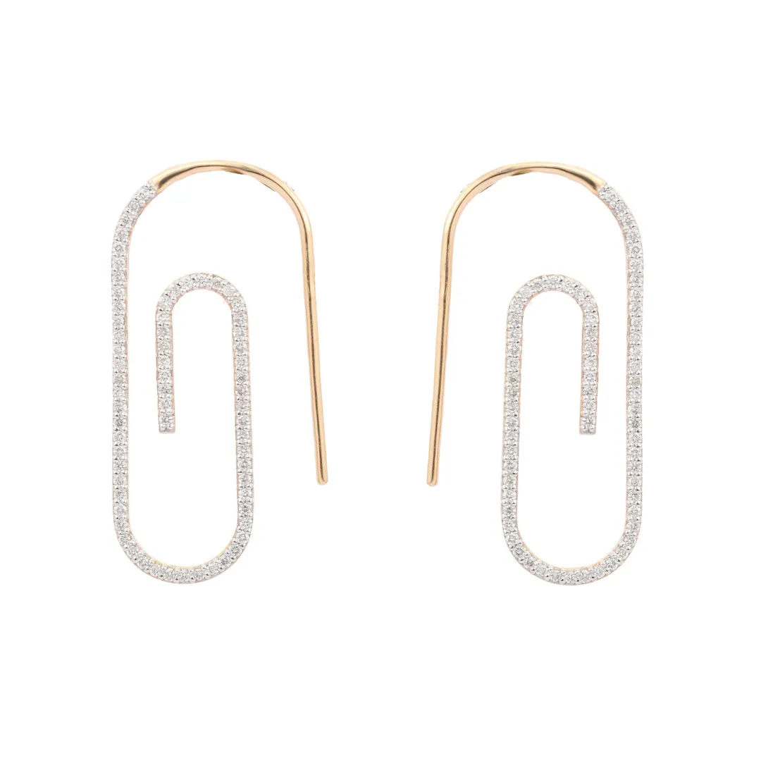 14K Gold Paper Clip Diamond Earrings