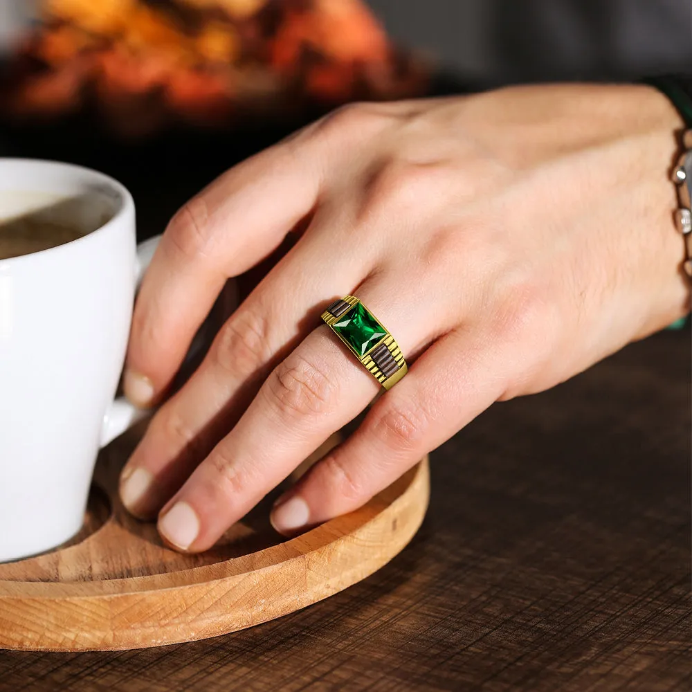 18K Hallmarked Solid Yellow Gold Mens Band Ring with Green Emerald Gemstone