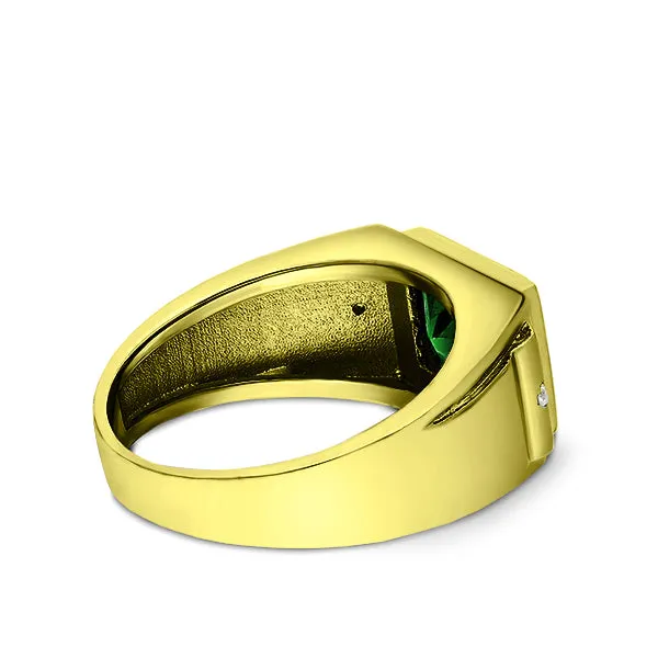 18k Yellow Gold Real 2 Diamonds Mens Statement Wedding Ring with Green Emerald