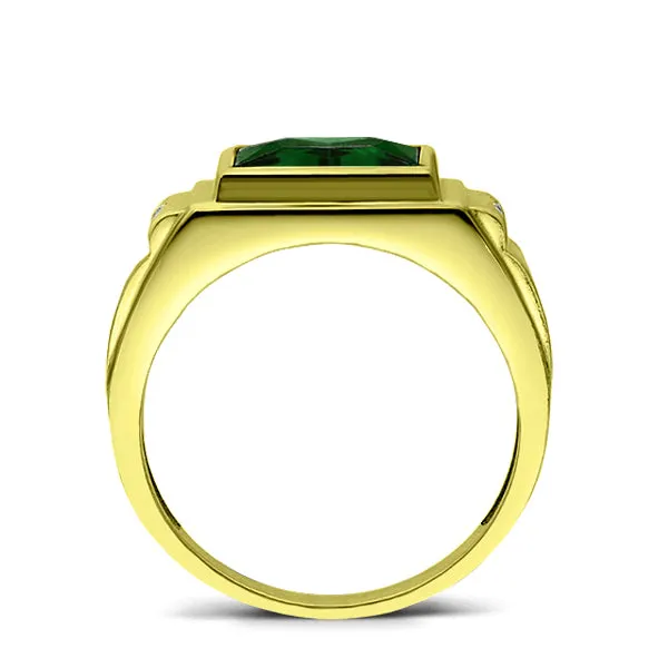 18k Yellow Gold Real 2 Diamonds Mens Statement Wedding Ring with Green Emerald