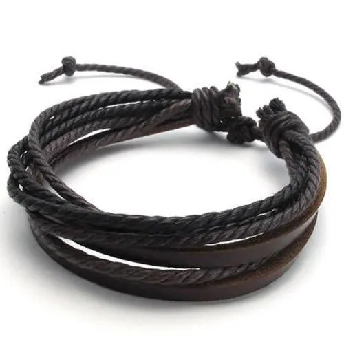 2pcs Men Leather Rope Brown & Black Surfer Wrap Bracelets