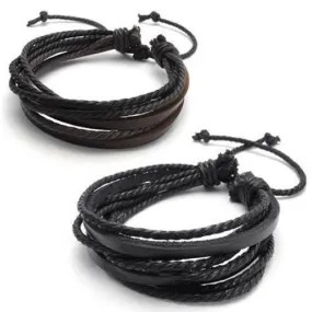 2pcs Men Leather Rope Brown & Black Surfer Wrap Bracelets