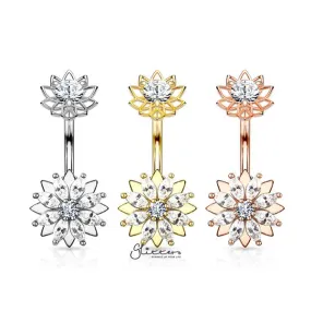 316L Surgical Steel Marquise CZ Flower Belly Button Navel Rings with Internally Threaded CZ Center Flower Top