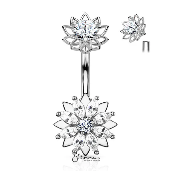 316L Surgical Steel Marquise CZ Flower Belly Button Navel Rings with Internally Threaded CZ Center Flower Top