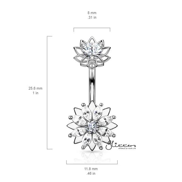 316L Surgical Steel Marquise CZ Flower Belly Button Navel Rings with Internally Threaded CZ Center Flower Top