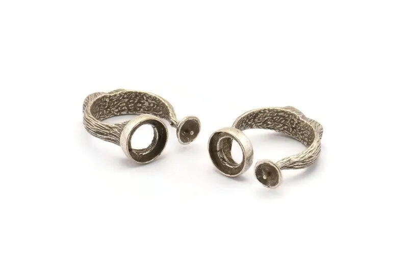 Adjustable Ring Settings, 2 Antique Silver Plated Adjustable Rings with 2 Stone Settings - Pad Size 10mm N0232 H0295