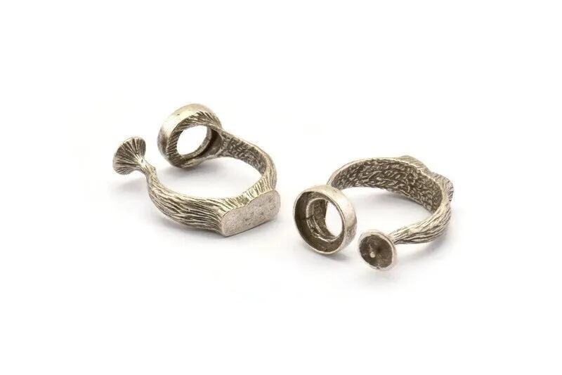 Adjustable Ring Settings, 2 Antique Silver Plated Adjustable Rings with 2 Stone Settings - Pad Size 10mm N0232 H0295