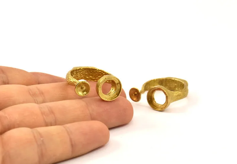 Adjustable Ring Settings - 2 Raw Brass Adjustable Rings with 2 Stone Settings - Pad Size 10mm N0232