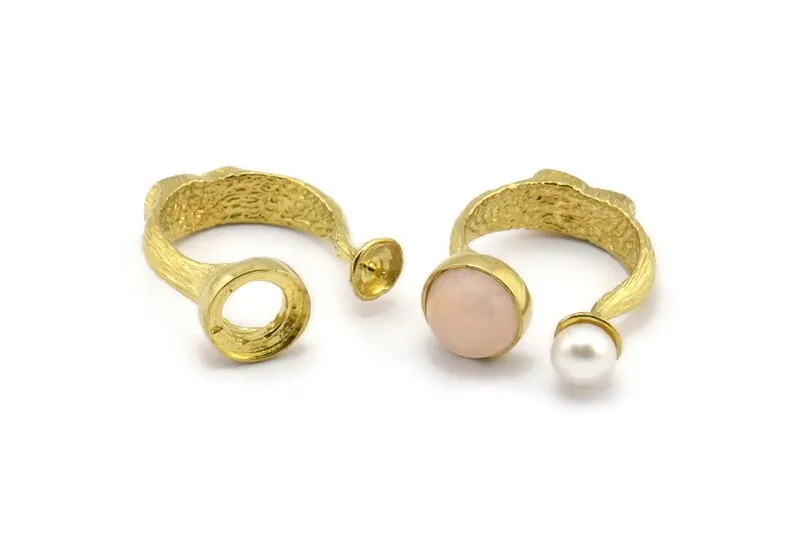 Adjustable Ring Settings - 2 Raw Brass Adjustable Rings with 2 Stone Settings - Pad Size 10mm N0232