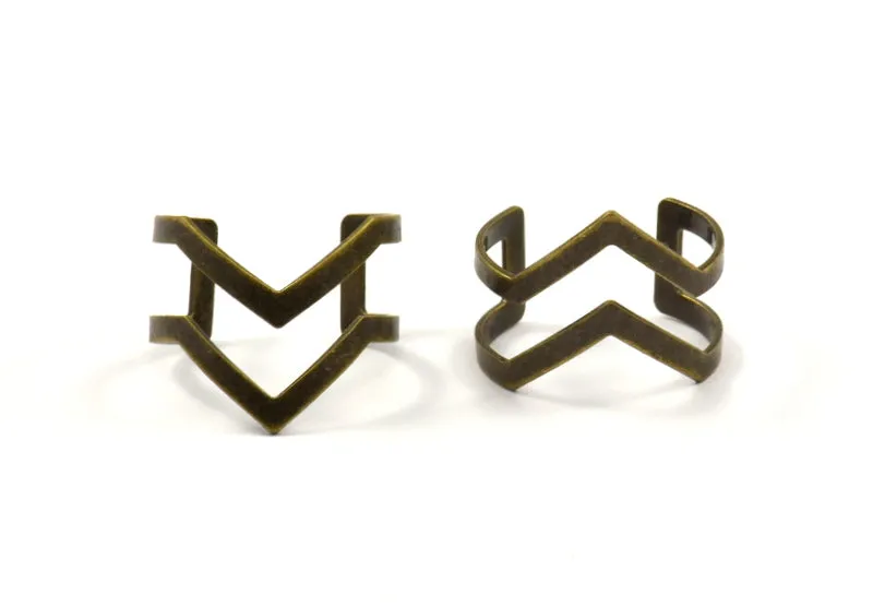 Antique Bronze Double Chevron Ring - 4 Antique Silver Plated Double Chevron Adjustable Rings Settings (16x17mm) 23 Gauge Mn03