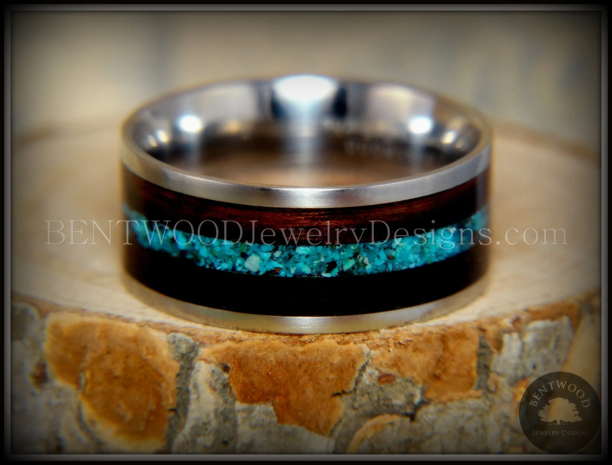 Bentwood Ring - Ebony with Chrysocolla Inlay on Surgical Grade Stainless Steel Comfort Fit Metal Core