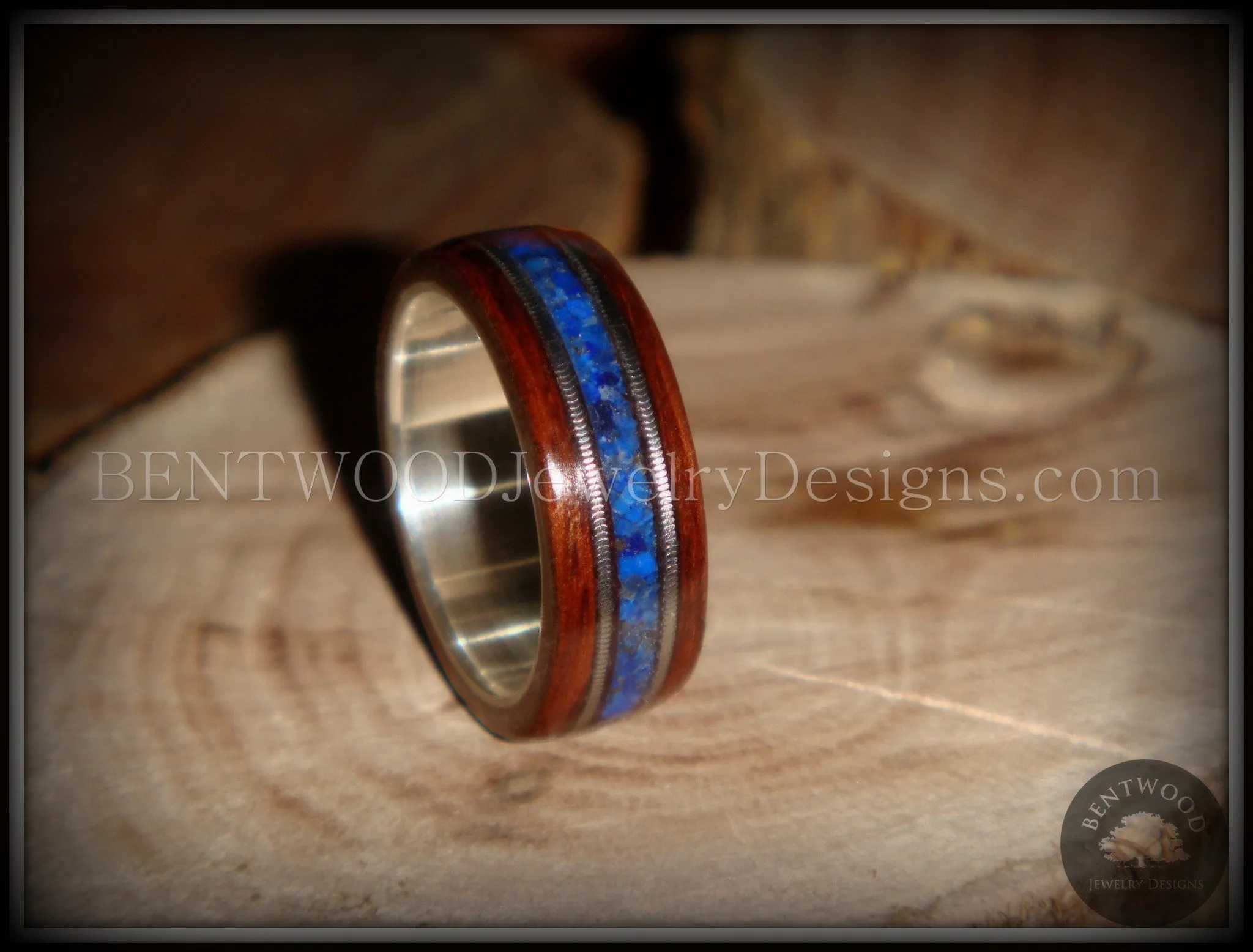 Bentwood Ring - Tracks Light Ebony Wood Ring with Fine Silver Core, Double Guitar String and Blue Lapis Inlay