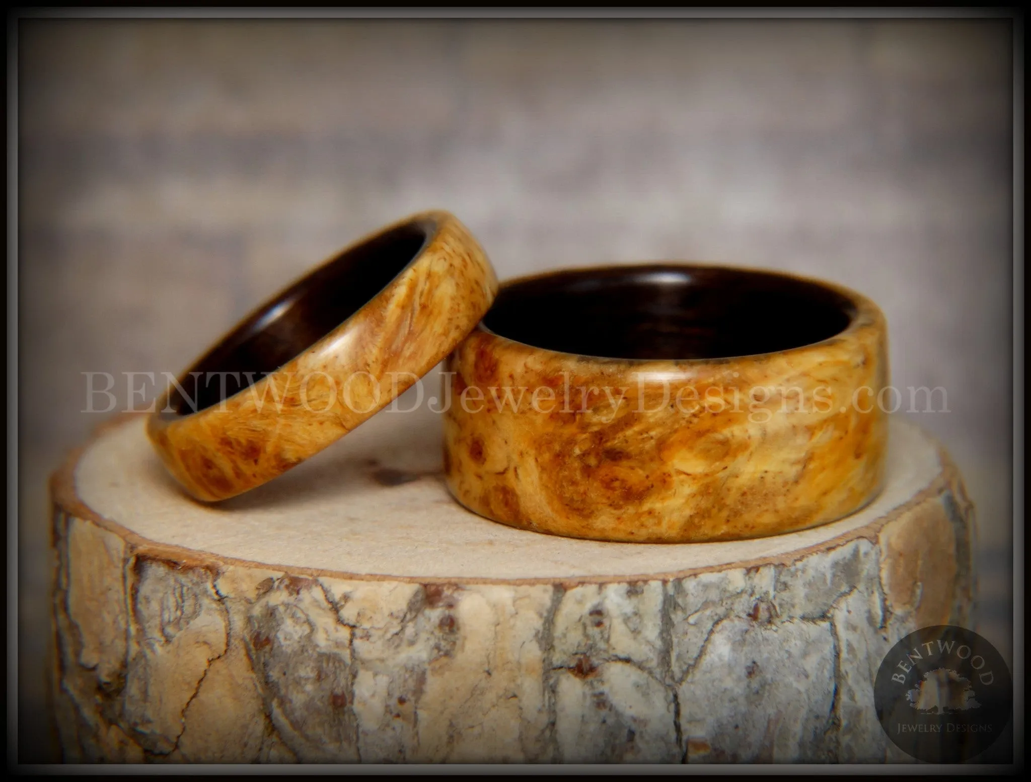 Bentwood Rings Set - Golden Pair Gold Amboyna Burl on Ebony Wood Core Set