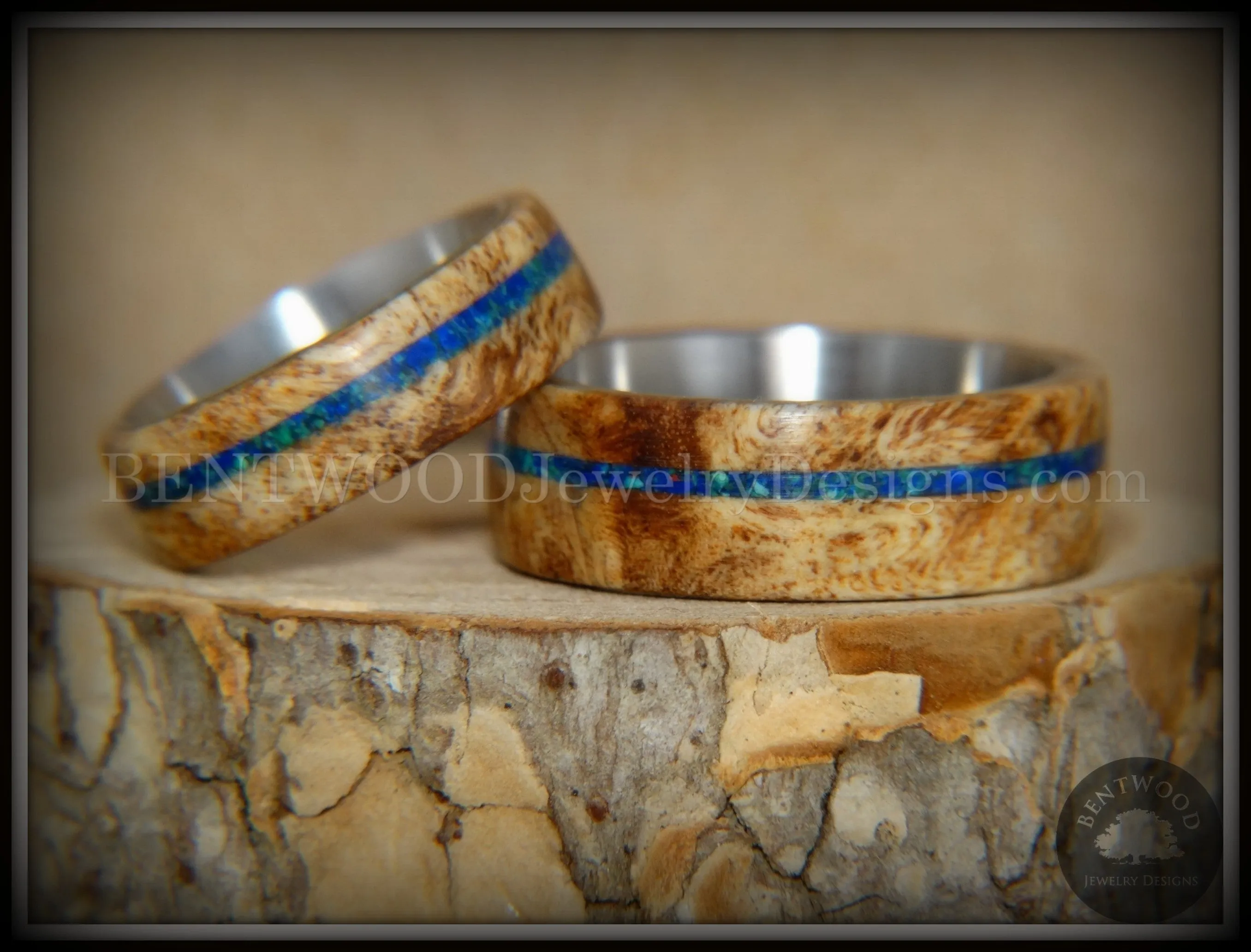 Bentwood Rings Set - Maple Burl on Surgical Steel Core with Azurite and blue Lapis Inlay