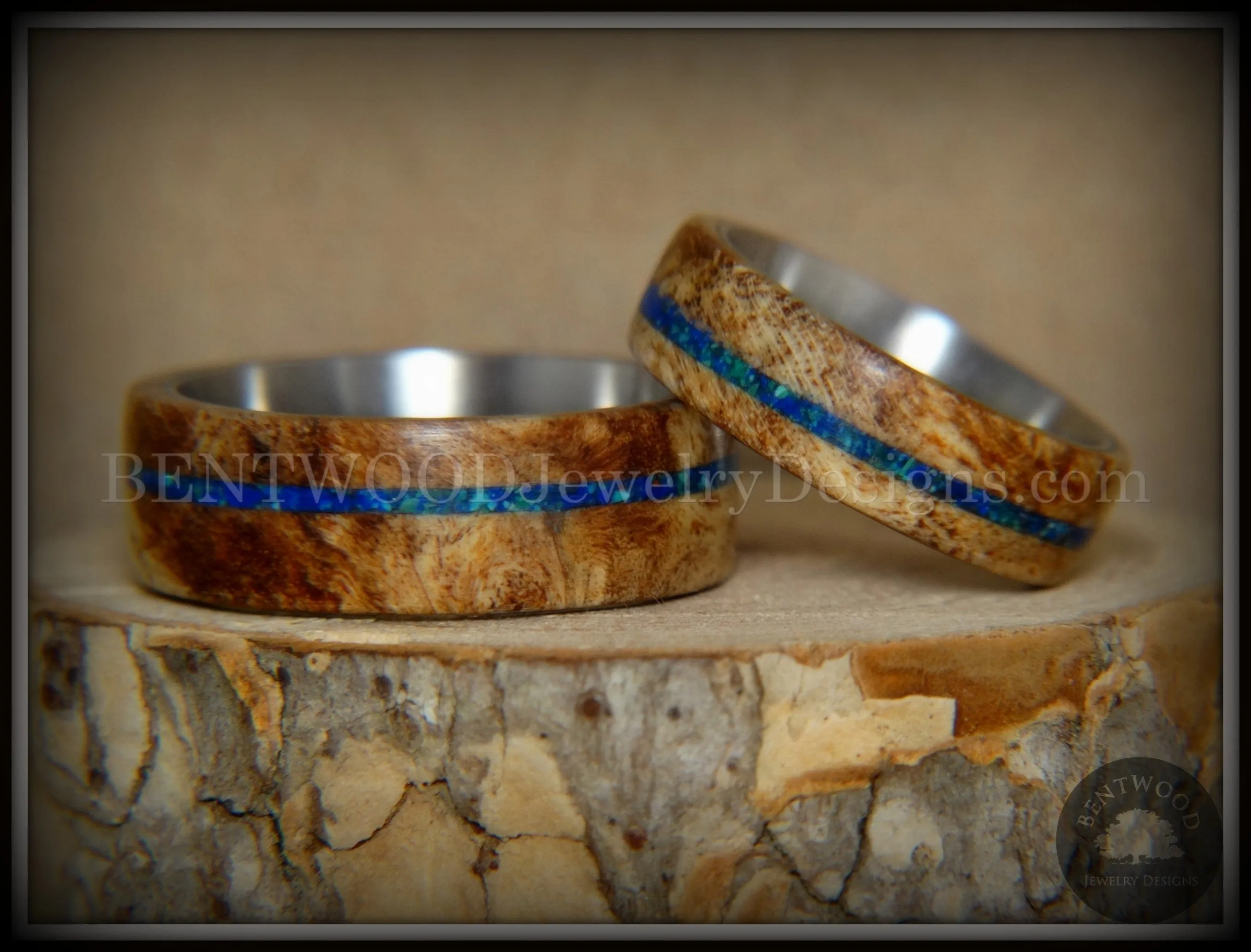 Bentwood Rings Set - Maple Burl on Surgical Steel Core with Azurite and blue Lapis Inlay