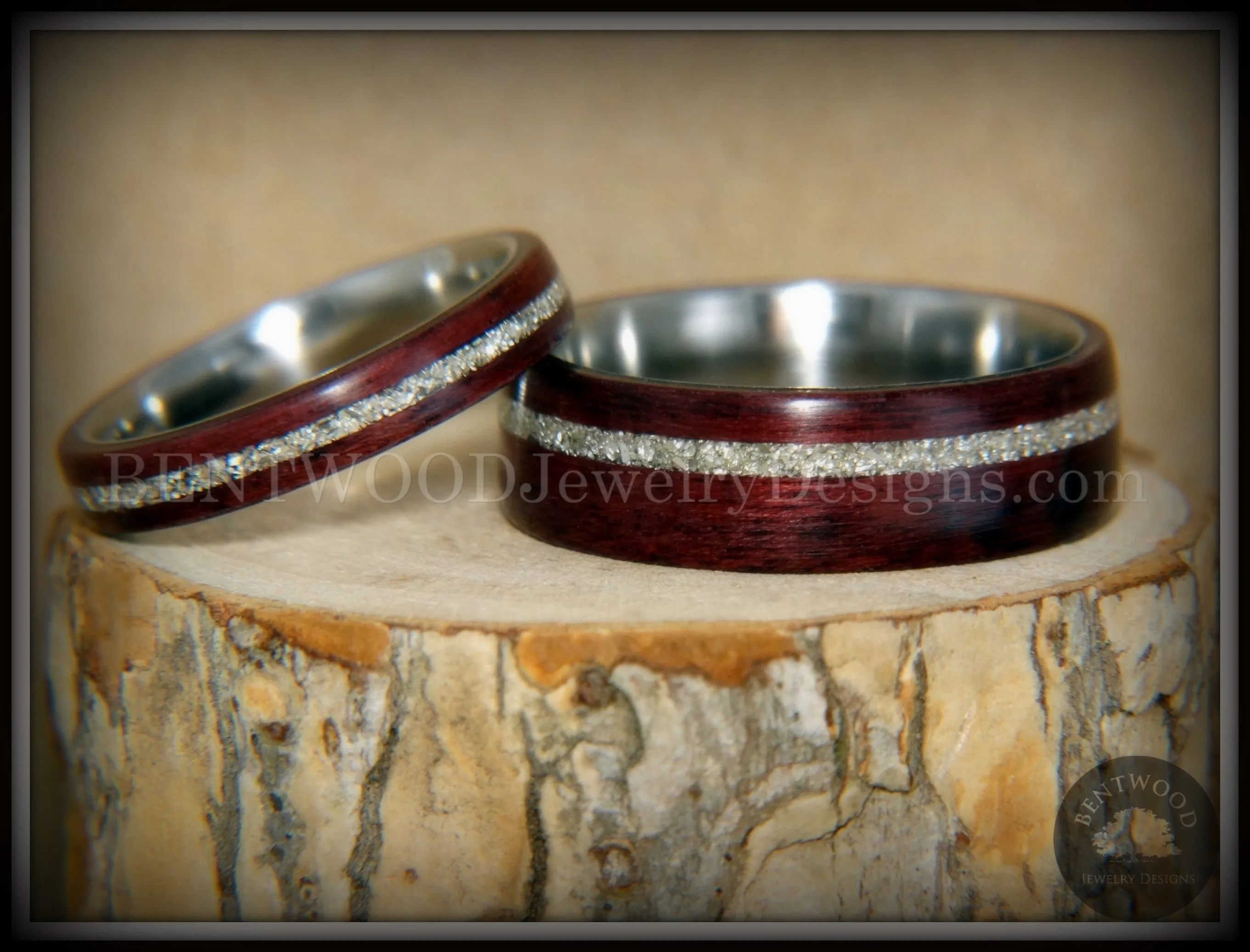 Bentwood Rings Set - Purple Heart Pair Purpleheart Wood with Silver Glass Inlay Titanium Cores