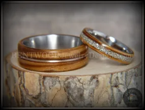 Bentwood Rings Set - Striped Couple Zebrawood with Glass Inlay and Bronze Guitar String Inlay on Titanium Steel Core