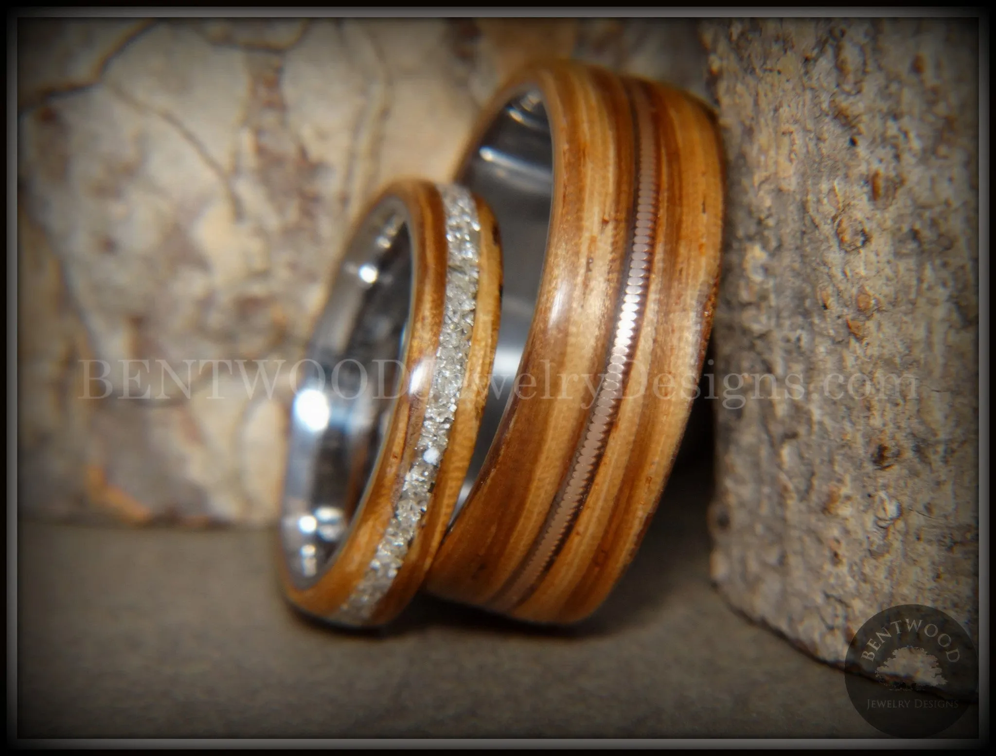 Bentwood Rings Set - Striped Couple Zebrawood with Glass Inlay and Bronze Guitar String Inlay on Titanium Steel Core