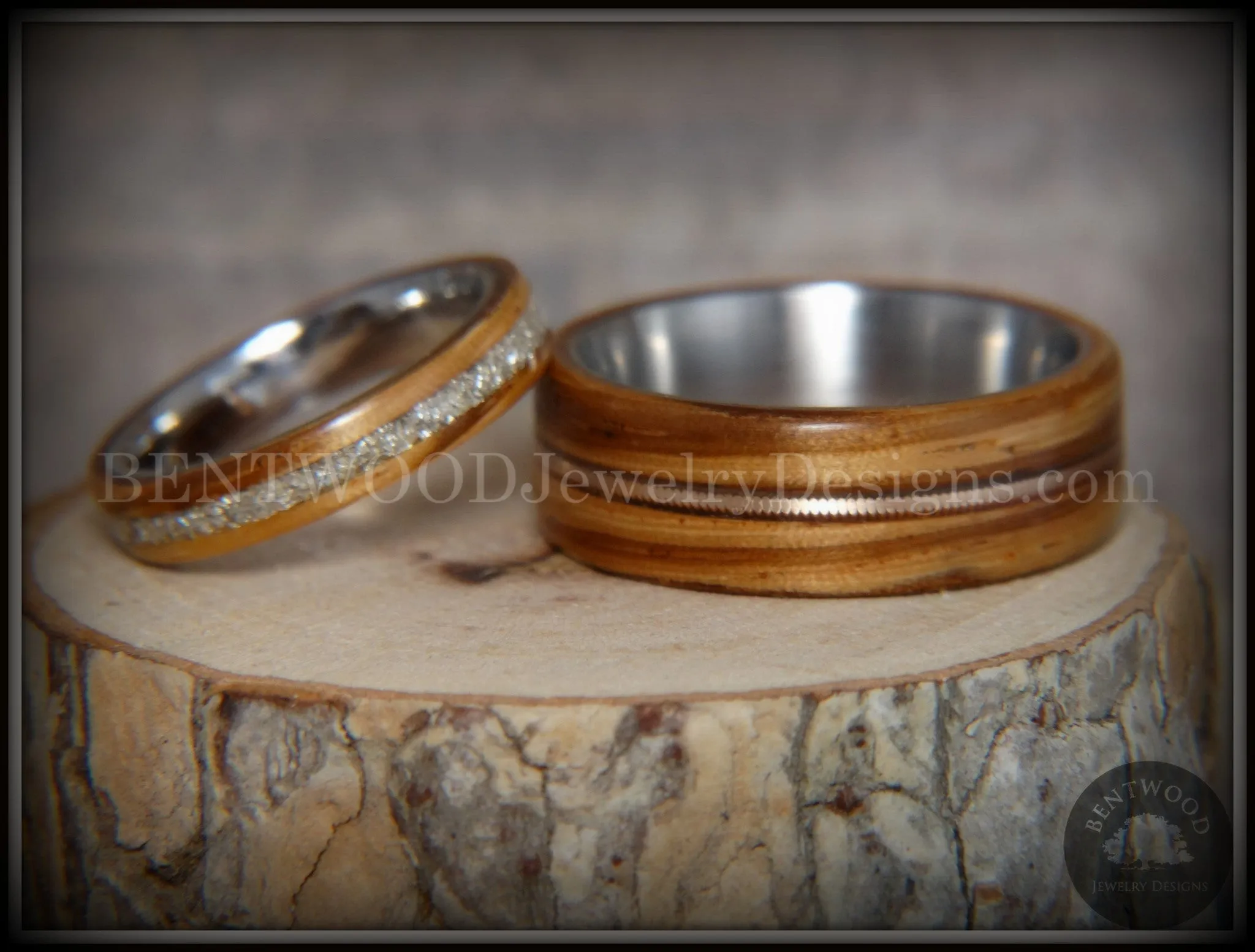 Bentwood Rings Set - Striped Couple Zebrawood with Glass Inlay and Bronze Guitar String Inlay on Titanium Steel Core