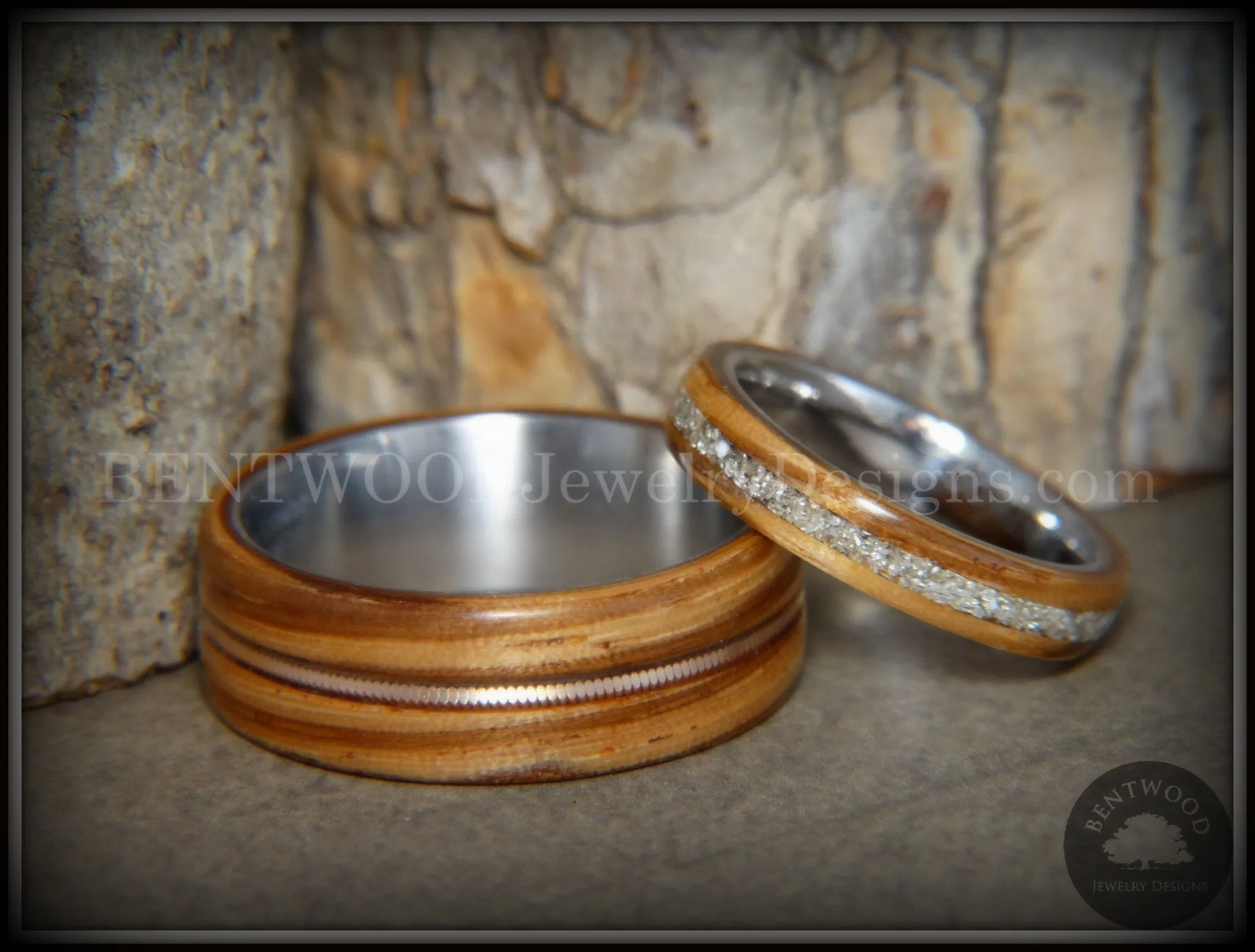 Bentwood Rings Set - Striped Couple Zebrawood with Glass Inlay and Bronze Guitar String Inlay on Titanium Steel Core