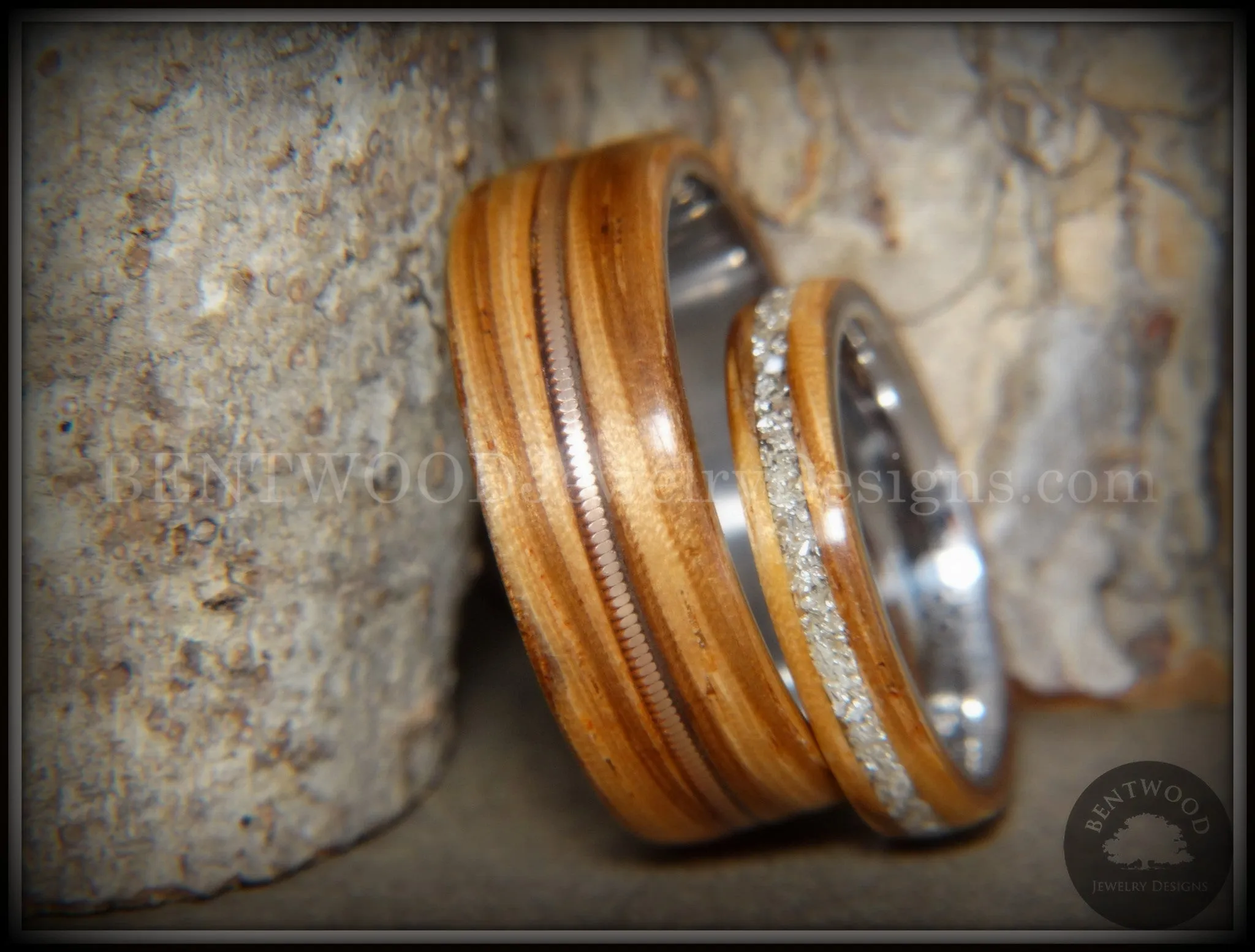 Bentwood Rings Set - Striped Couple Zebrawood with Glass Inlay and Bronze Guitar String Inlay on Titanium Steel Core