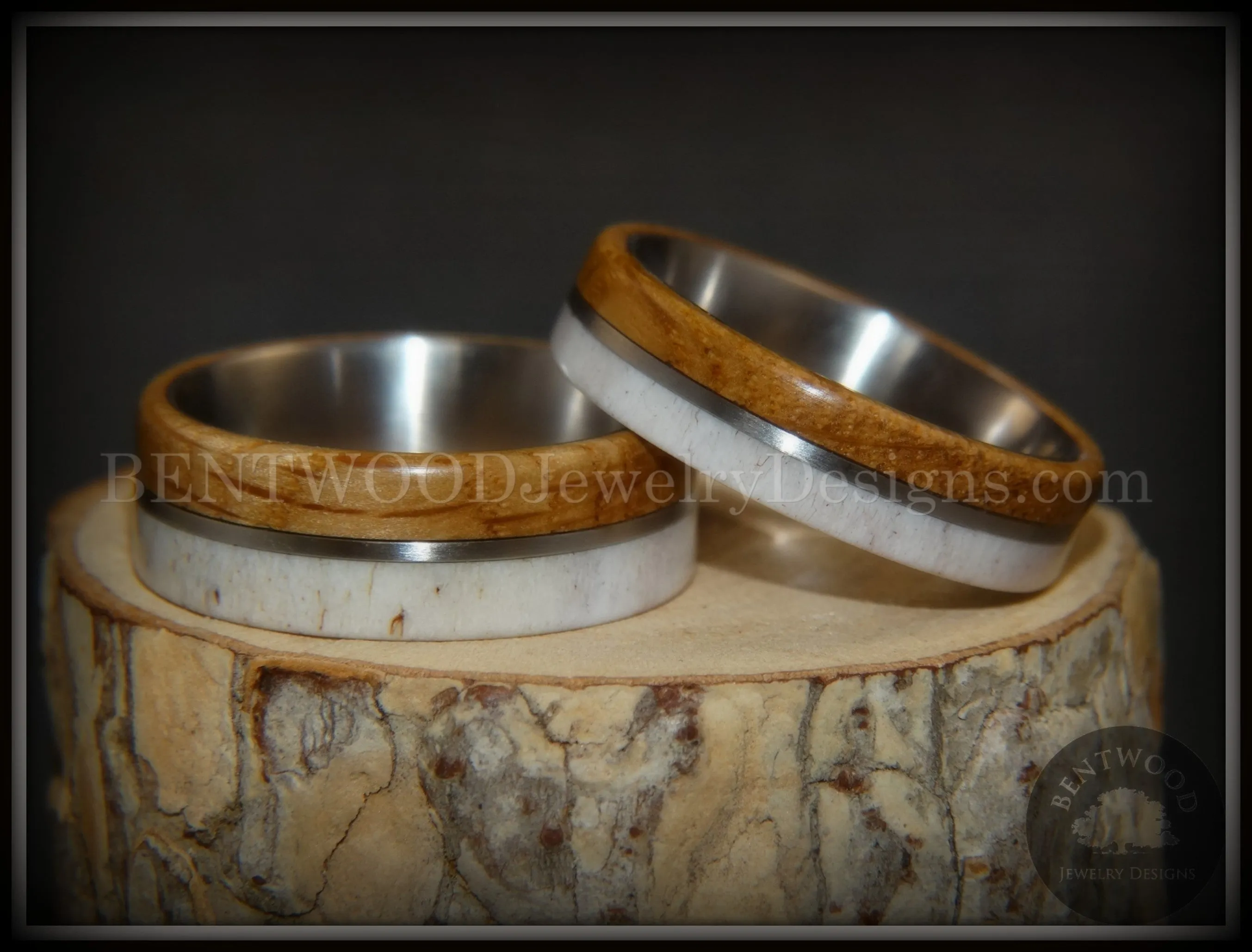 Bentwood Rings - The Great Outdoors Couple Set Antler, Whiskey Barrel Oak, Titanium Inlay and Core