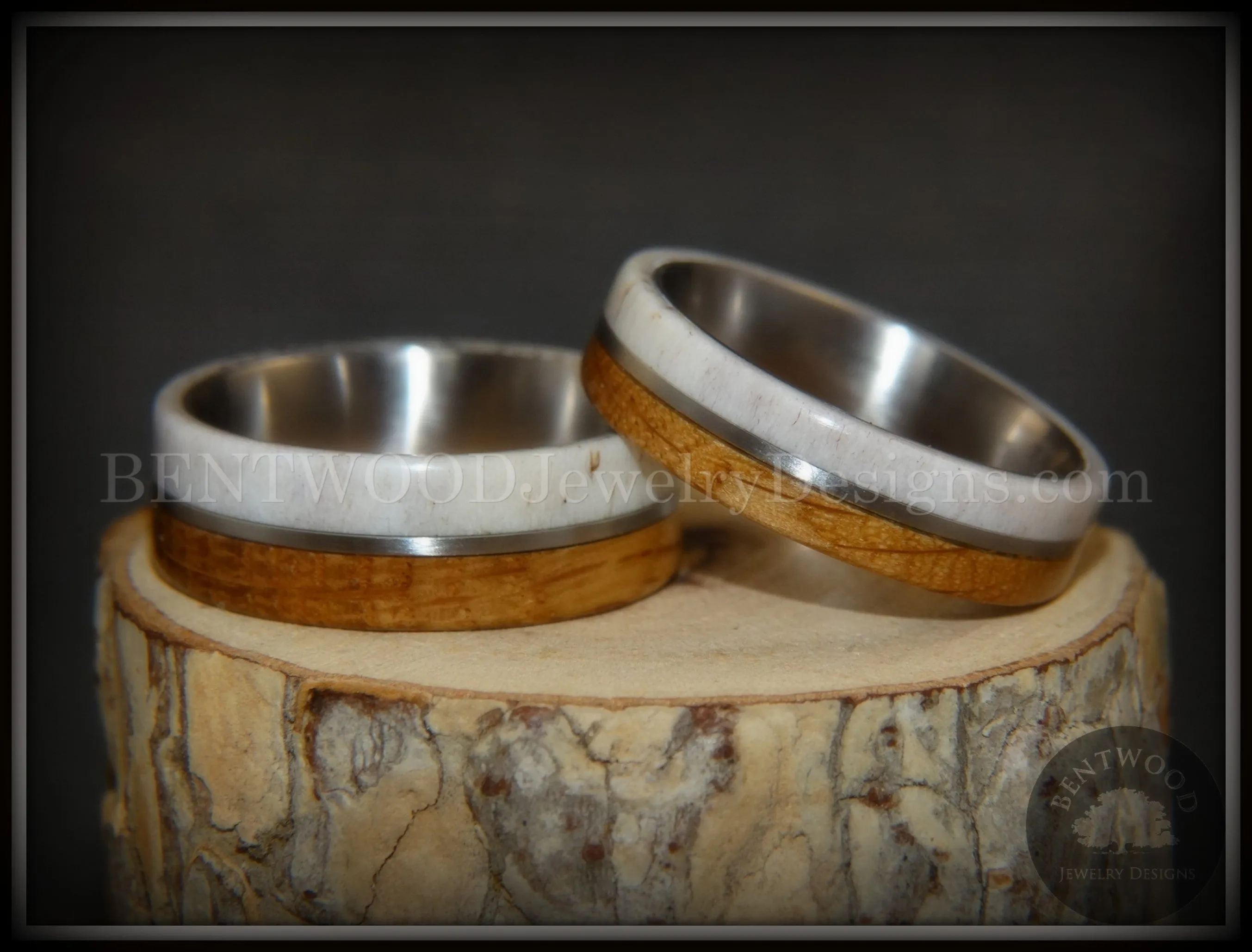 Bentwood Rings - The Great Outdoors Couple Set Antler, Whiskey Barrel Oak, Titanium Inlay and Core