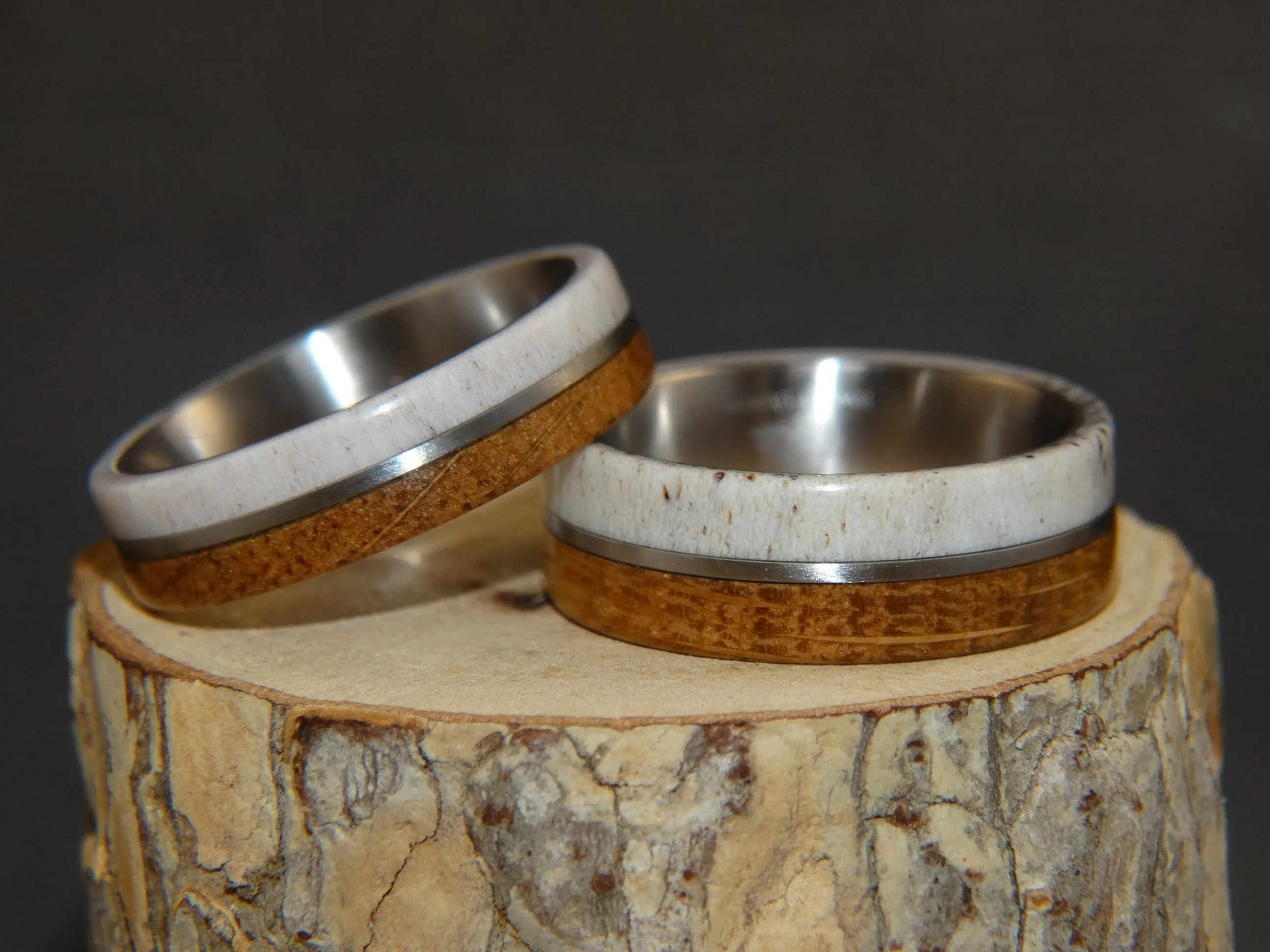 Bentwood Rings - The Great Outdoors Couple Set Antler, Whiskey Barrel Oak, Titanium Inlay and Core