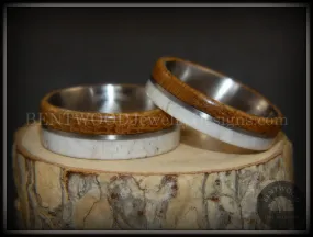 Bentwood Rings - The Great Outdoors Couple Set Antler, Whiskey Barrel Oak, Titanium Inlay and Core