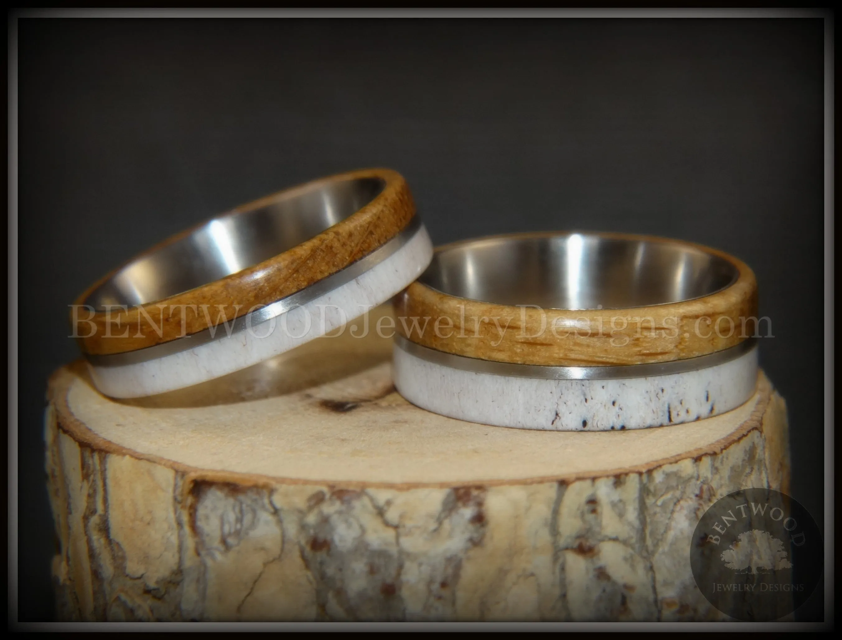 Bentwood Rings - The Great Outdoors Couple Set Antler, Whiskey Barrel Oak, Titanium Inlay and Core