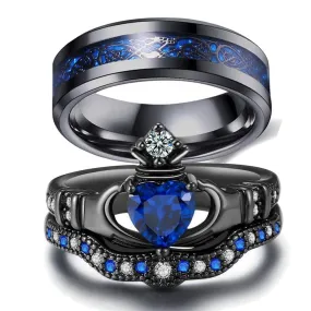 Black Celtic Dragon and Blue Cubic Zirconia & Rhinestones Claddagh Stainless Steel Matching Rings