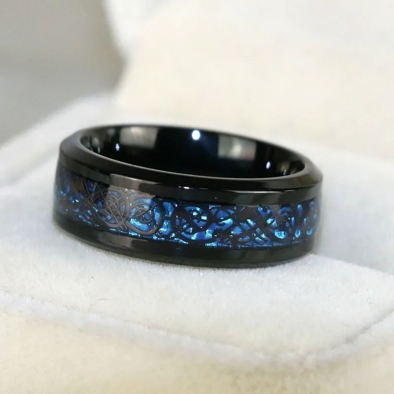 Black Celtic Dragon and Blue Cubic Zirconia & Rhinestones Claddagh Stainless Steel Matching Rings