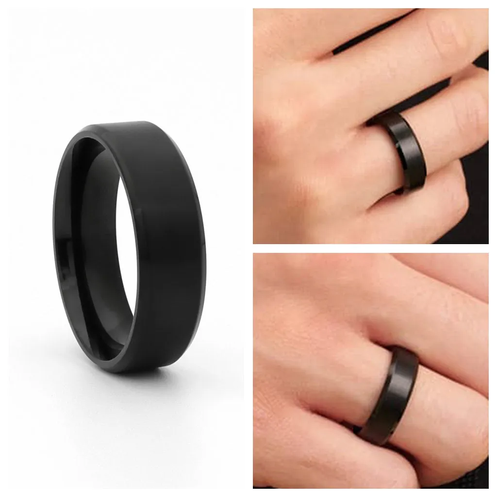 Black Titanium Ion-Plated Stainless Steel 8mm Wide Beveled Edge Band Rings