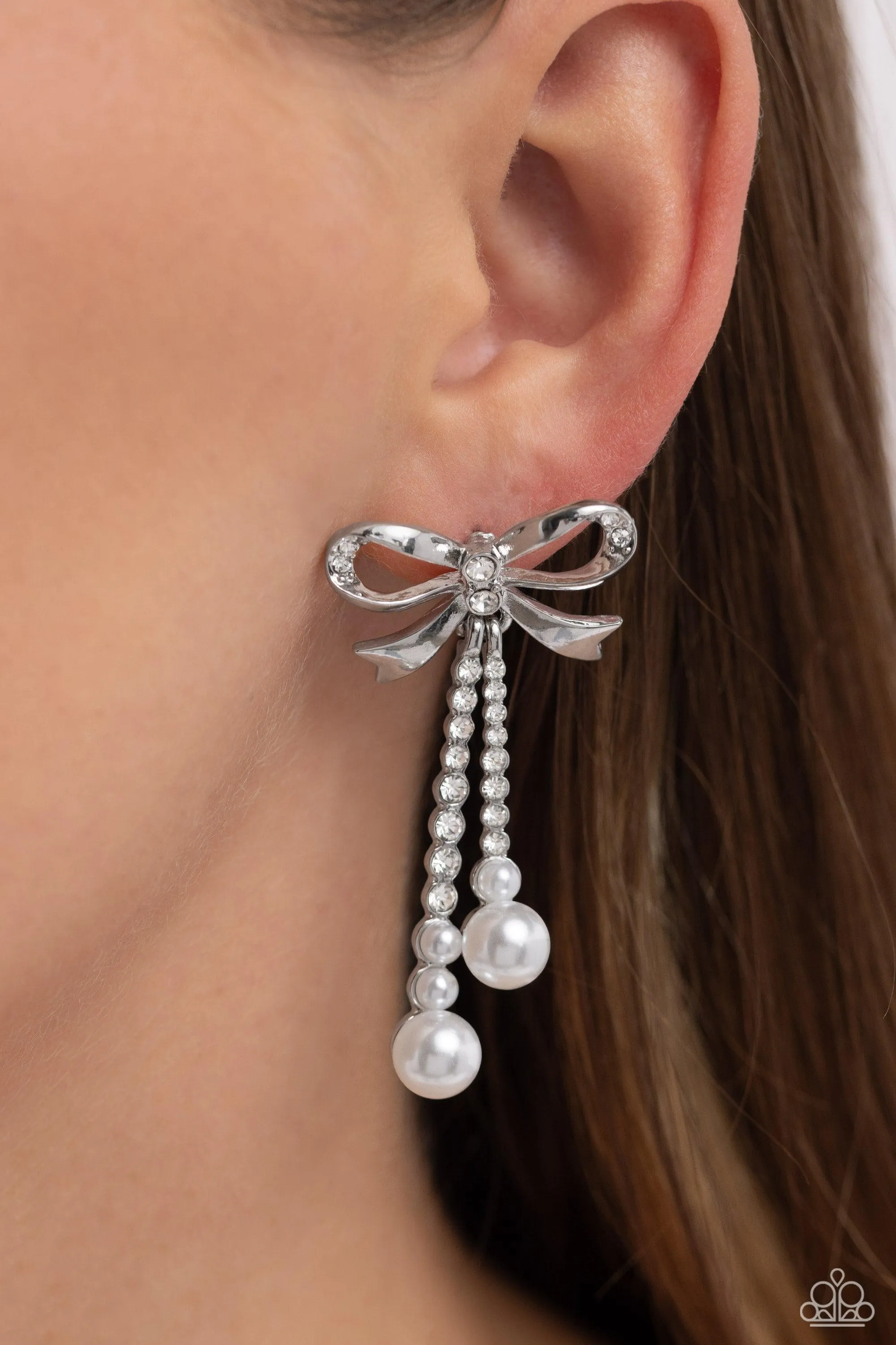 Bodacious Bow White Rhinestone & Pearl Bow Earrings - Paparazzi Accessories