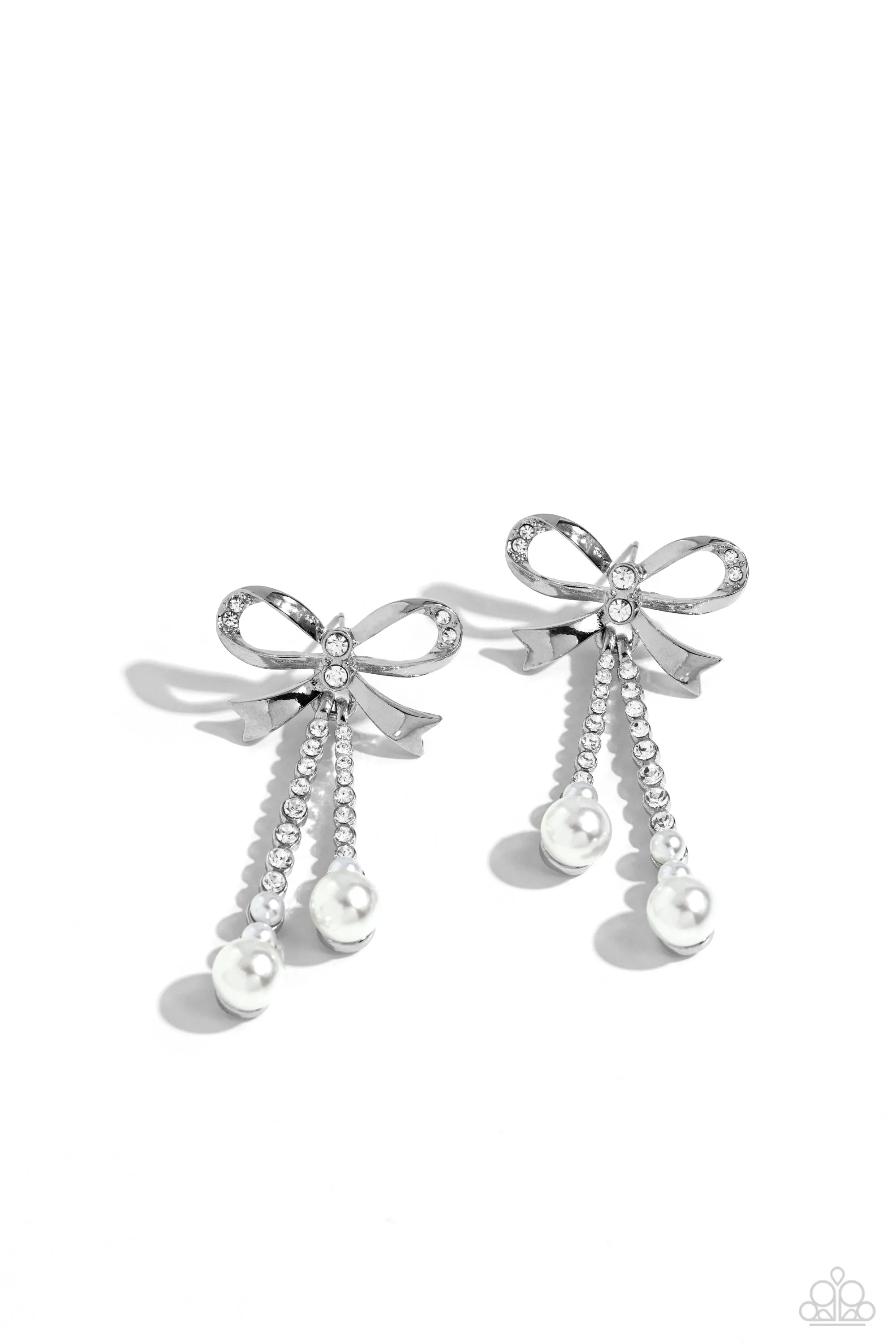 Bodacious Bow White Rhinestone & Pearl Bow Earrings - Paparazzi Accessories