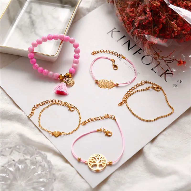 Bohemian Multilayer Pink Beaded Wish Tree Charm Bracelets