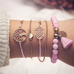 Bohemian Multilayer Pink Beaded Wish Tree Charm Bracelets