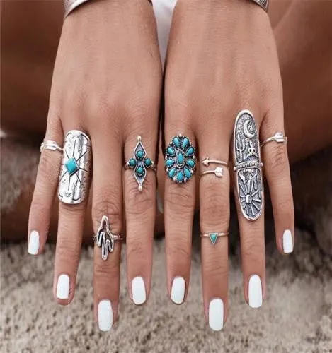 Boho Stacking Rings 9 Pc. Set Silver Turquoise Long Shield Cactus Arrows Gypsy Wanderer