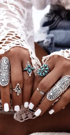 Boho Stacking Rings 9 Pc. Set Silver Turquoise Long Shield Cactus Arrows Gypsy Wanderer