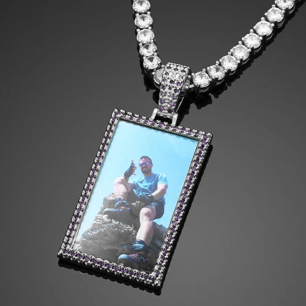 Brand New Custom Made Purple Stone Rectangle Photo Medallion Necklace