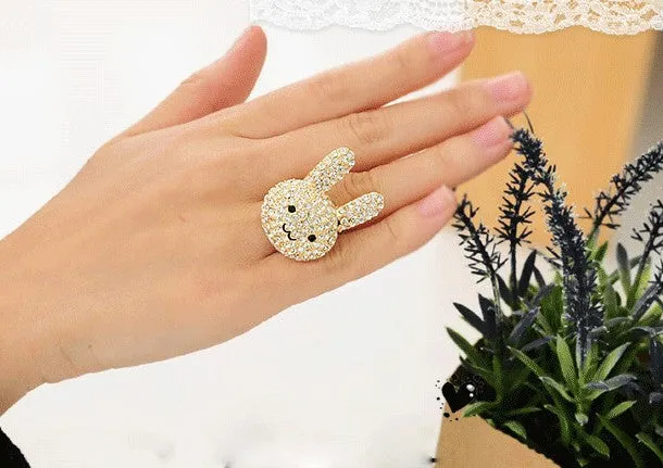 Crystal Gold Tone Cocktail Rabbit Ring