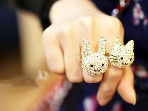 Crystal Gold Tone Cocktail Rabbit Ring