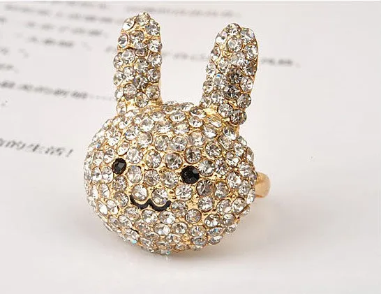 Crystal Gold Tone Cocktail Rabbit Ring