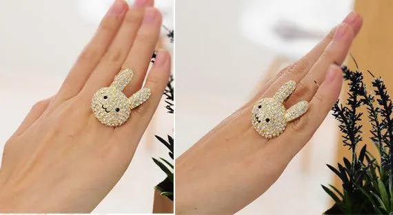 Crystal Gold Tone Cocktail Rabbit Ring