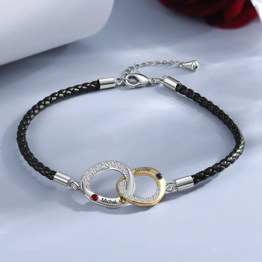 Customized Black Leather Rope Interlocked Knot Couple Bracelets