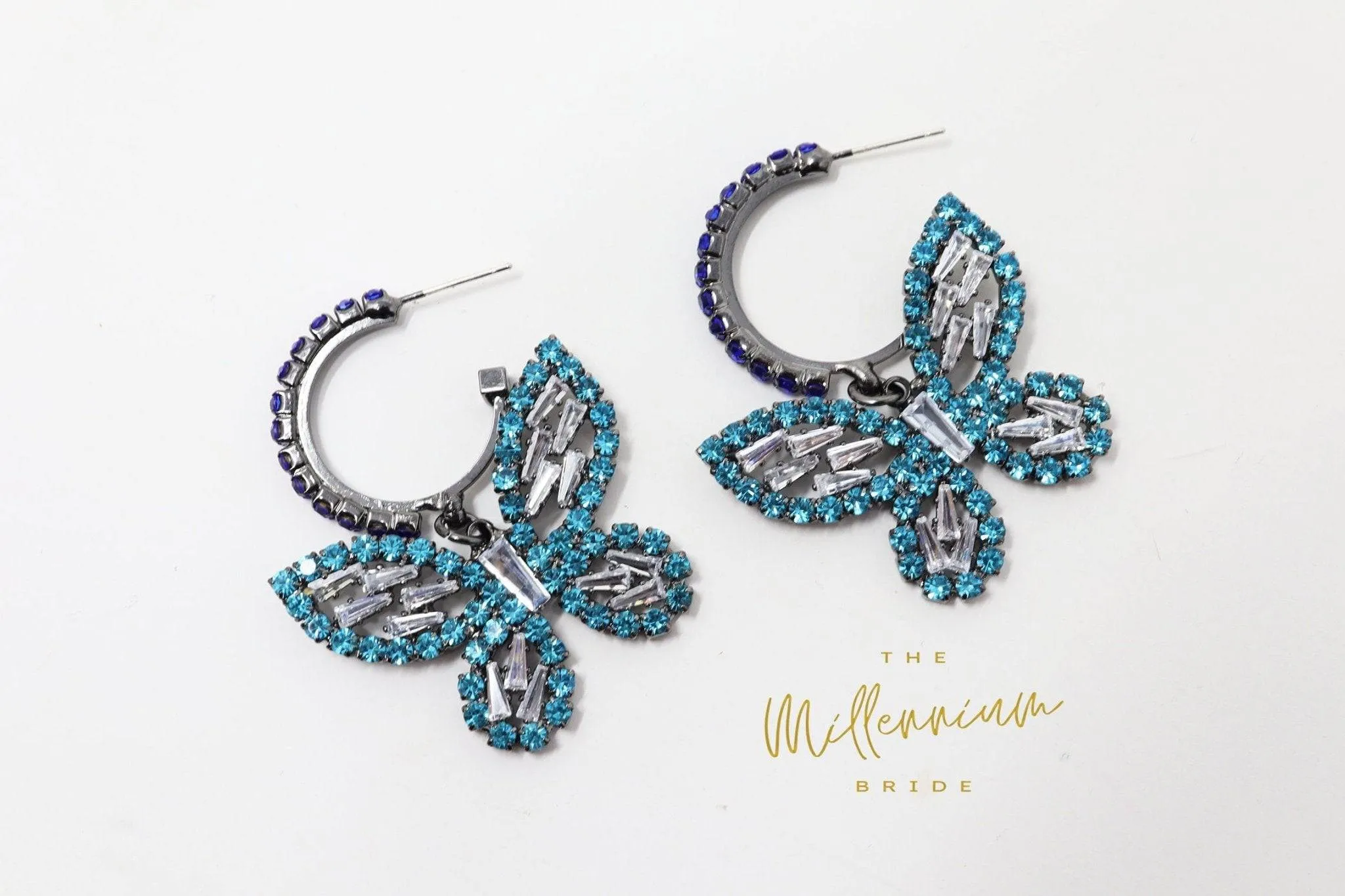 CZ Blue Butterfly Earrings, Swarovski Crystal Earrings, Statement Earrings, Rhinestones Hoop Earrings.