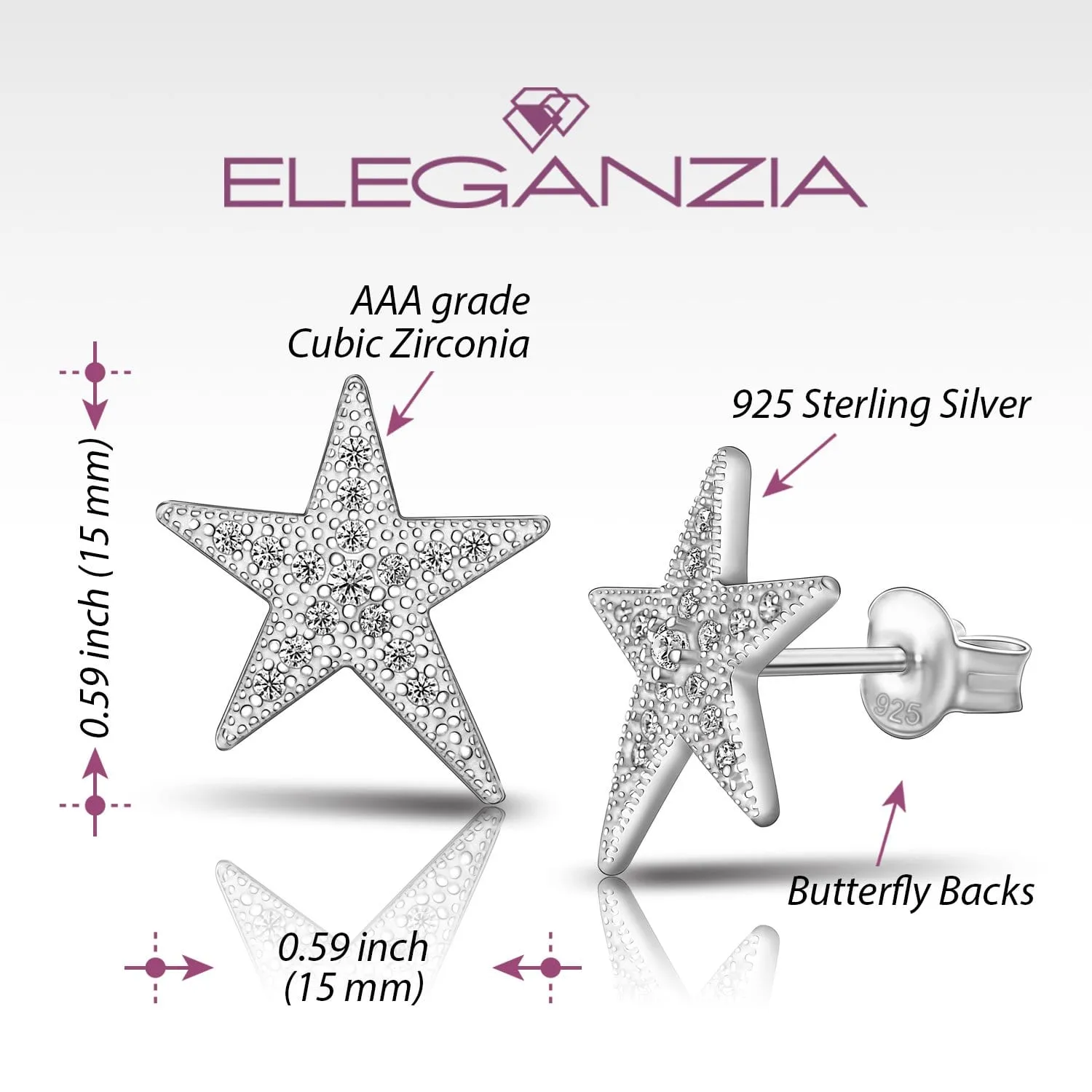 CZ Star Earrings, Sterling Silver Stud Earrings