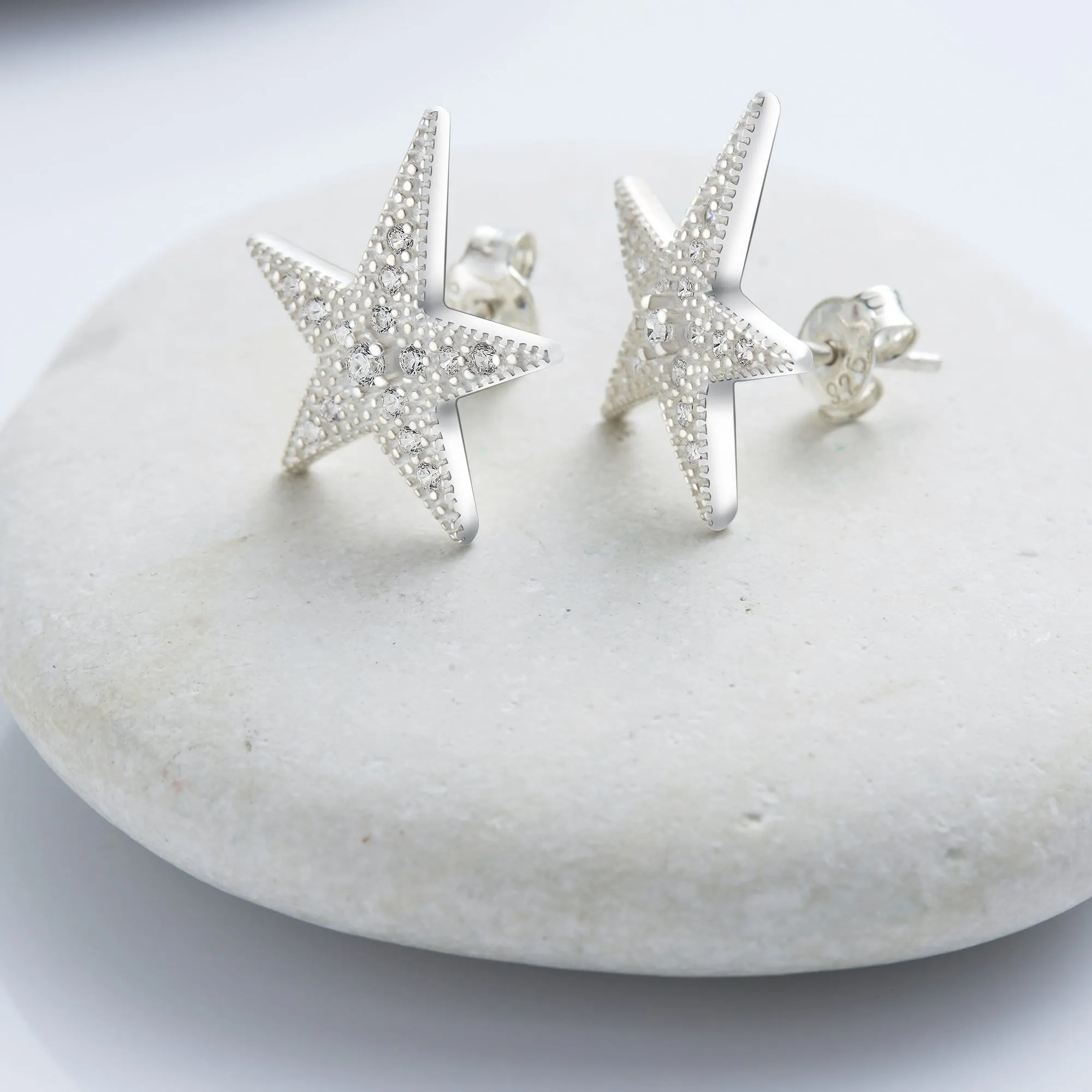 CZ Star Earrings, Sterling Silver Stud Earrings