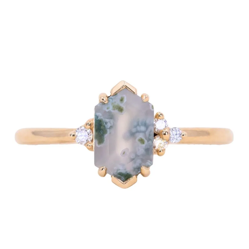 Elongated Hexagon Moss Agate Rings with Diamond Side Stones in 14K Yellow & White Gold