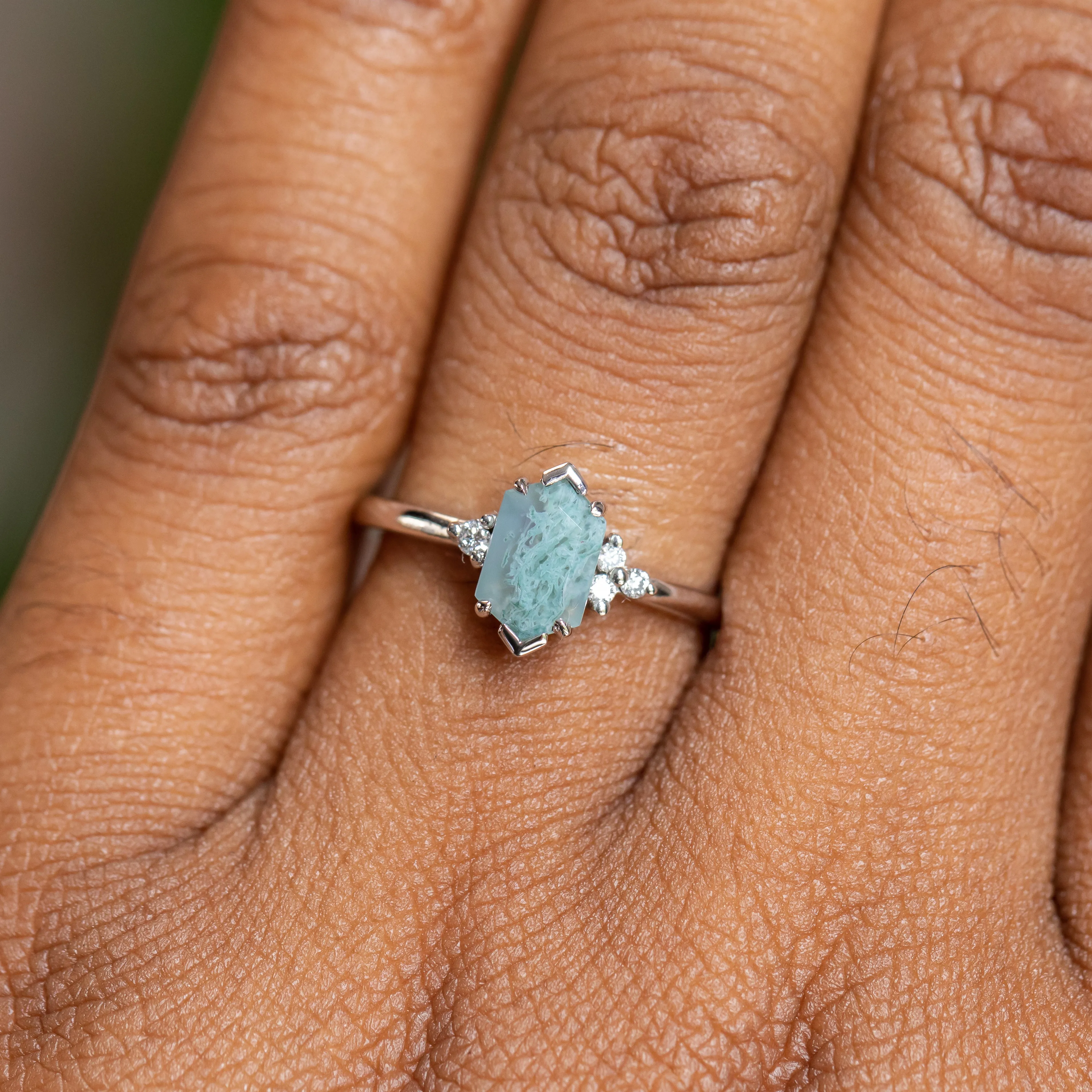 Elongated Hexagon Moss Agate Rings with Diamond Side Stones in 14K Yellow & White Gold